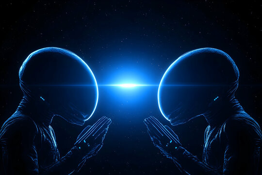Two futuristic figures facing each other in cosmos; for science or sci-fi concepts