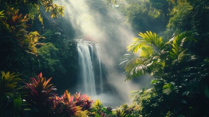 Lush jungle waterfall, sun rays, tranquility, nature escape, travel backdrop