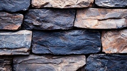 Fototapeta premium a close up of a stone wall with a black background The wall is composed of various sizes and shapes of stones, giving it a unique and interesting texture