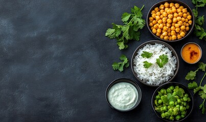 Chickpeas, rice, peas, and sauces on dark background, healthy vegan meal