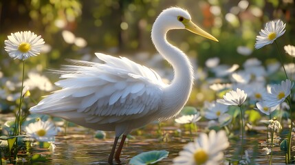 Obraz premium White egret wading, daisies, sunlight, peaceful pond