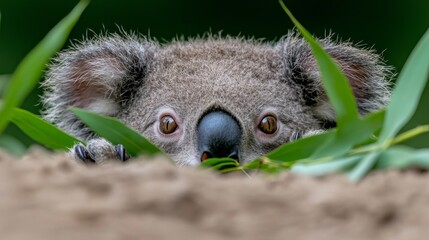 Fototapeta premium a koala bear peeking out from behind a tree, surrounded by lush green leaves The background is slightly blurred, giving the image a dreamy feel