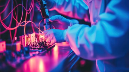 Technician working on electronic circuit board assembly