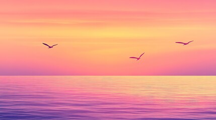 Obraz premium Tranquil Sunset Seascape With Three Birds Flying