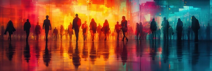 Obraz premium Urban Mirage: Silhouetted figures traverse a vibrant, colorful cityscape, their reflections mirroring the dynamic energy of the urban landscape. The artwork evokes a sense of movement, anonymity.