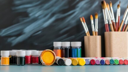 School Concept, Neatly Arranged Art Supplies Including Various Paints and Brushes on a Blue Surface in a Creative Workspace