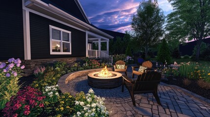 Obraz premium A charming outdoor patio with a fire pit at its center, framed by cozy chairs and lush plants under the evening sky.