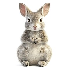 Obraz premium Cute gray bunny sitting, paws together, white background; Easter card