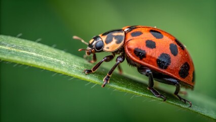Fototapeta premium Twenty-two Spotted Ladybug Closeup: A vibrant twenty-two spotted ladybug crawls along a bright green leaf, showcasing its intricate shell pattern and delicate legs in a detailed macro photograph. 