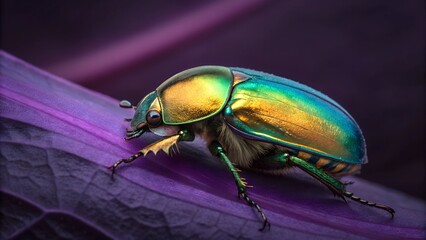 Jewel Scarab on Purple Leaf: A vibrant close-up of a metallic green and gold scarab beetle crawling on a deep purple leaf, showcasing its iridescent shell and intricate details.