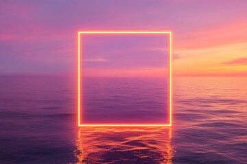 Fototapeta premium Neon Sunset Seascape: A vibrant neon rectangle glows in the tranquil ocean, reflecting on the water's surface against a breathtaking sunset. The image evokes a sense of serene mystery and calm. 