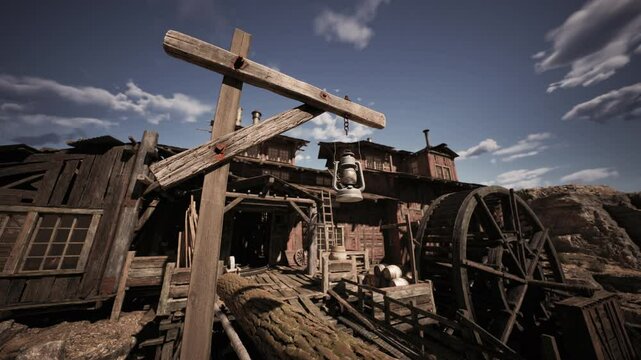 An old mining town displays rustic wooden buildings and a water wheel under a cloudy sky. A hanging lantern adds character to this historical setting, showcasing past industrial activities.