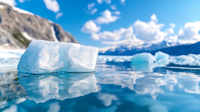  an iceberg floating in the ocean with mountains in the background The iceberg is surrounded by a vast expanse of blue water, and the sky is filled with white, fluf