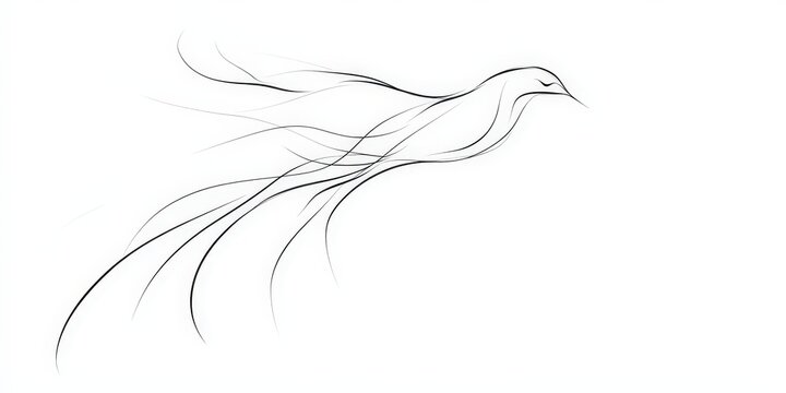 An elegantly detailed line drawing captures the essence of flight with a sleek bird: long, slender body; sharp beak; curved tail. Outstretched wings convey grace and precision in every stroke