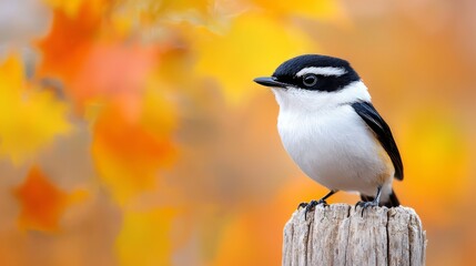 Obraz premium a small bird with white, black and brown feathers perched atop a wooden post The background is blurred, giving the bird a sense of focus and prominence