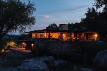 Stone house glowing at dusk.