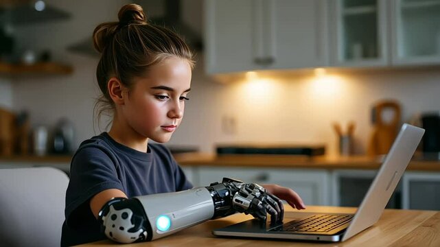 Young Girl with a Robotic Hand Using a Laptop for Learning
