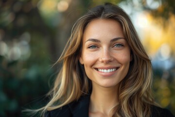 Fototapeta premium A portrait of a smiling young woman with long blonde hair and freckles, outdoors.