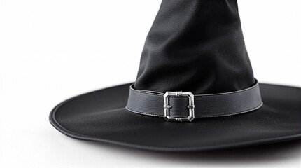 witch hat on white: a black pointed hat with a buckle, isolated against a minimalist background, perfect for halloween