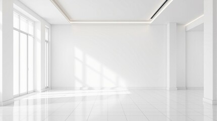 Fototapeta premium bright white void: an empty room with clean walls and floor, illuminated by soft, natural light, creating a minimalist and spacious interior