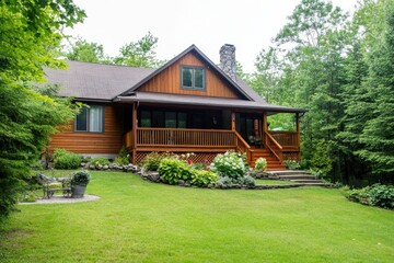 Rustic log cabin nestled in a lush green forest.