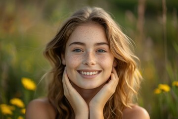 Naklejka premium A freckled young woman with blonde hair smiles gently, hands caressing her face, in a sunlit field of yellow flowers.