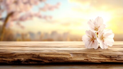 Fototapeta premium a wooden table with cherry blossoms on it, set against a blurred background The flowers are in full bloom, adding a splash of color to the scene