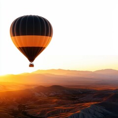 Obraz premium A vibrant hot air balloon floats above mountains during a stunning sunset, creating a picturesque scene filled with warm colors and tranquility.