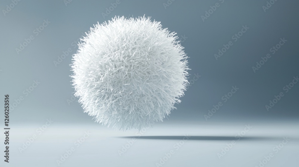 Poster A fluffy textured ball hovers gently in mid-air, surrounded by a tranquil environment. The soft fibers create a mesmerizing effect as light dances across its surface, inviting curiosity and wonder