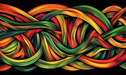 Colorful interwoven strands on black, abstract design for backgrounds and textures