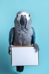 Fototapeta premium Grey Parrot Holding Blank Sign, Bird with Message, Animal Advertisement