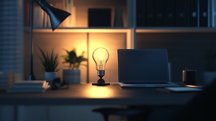 Business concept with an illuminated lightbulb on a dark desk