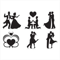 silhouettes of couples in love and hearts on a white background