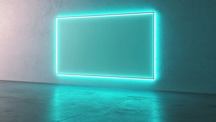 Teal Neon Frame on Wall: A vibrant teal neon light outlines a rectangular frame mounted on a minimalist wall, its glow reflecting on the polished floor, creating a modern and stylish atmosphere.  