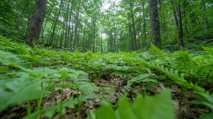 Fototapeta premium Lush Forest Floor Ferns, Sunlight Filtering. Potential Stock Photo Use Nature, Wilderness, Tranquil Scene