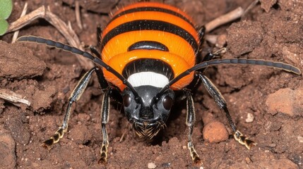 Close-Up View of a Strikingly Colorful Insect with Black and Orange Stripes on Soil Surface