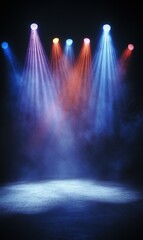 Colorful spotlights illuminating smoky stage for dramatic performance or presentation backdrop