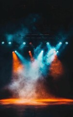 Naklejka premium Colorful stage lights illuminate smoky theater stage, perfect for concert backdrop