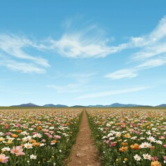 A vibrant flower field stretches towards distant mountains under a clear blue sky, with a dirt path inviting exploration.