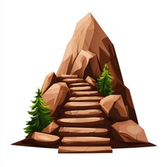 A stylized mountain with layered rocks and a winding staircase flanked by green pine trees.