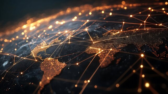 Business icons interconnected with lines representing global networks