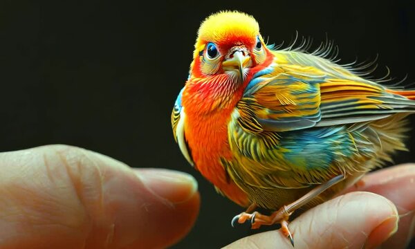 A colourful, small Bird perched on someone's finger, the unity of man and wildlife