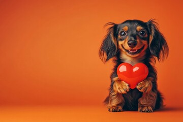 Dachshund - my preferred dog. Cute dachshund canine with diamond red heart - emblem of love, funny greeting card. Promotion design idea. Adorable dog valentine's. Dog friendship photos.