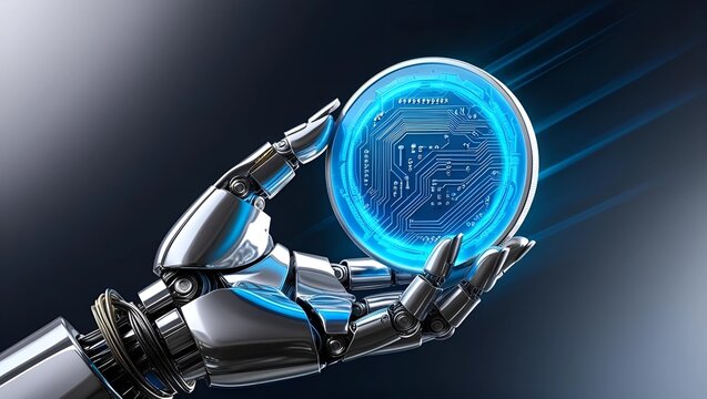 Robotic hand holding a glowing digital coin with circuit board details, emitting blue light, dark gradient background with subtle light trails symbolizing AI-driven financial technology  
