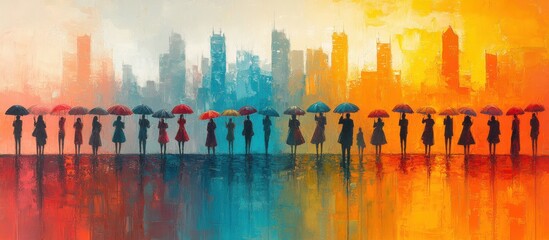 Naklejka premium Urban Rainscape: A vibrant abstract painting depicting a line of people with colorful umbrellas silhouetted against a cityscape at sunset, their reflections mirrored in a wet street.