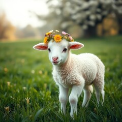 Obraz premium A charming lamb wearing a floral crown stands proudly in a meadow, embodying the joy and beauty of spring, perfect for Easter or animal-focused content.