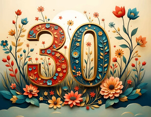 Number 30 vector, Happy birthday 30, Floral Number 30, thirty, 30th birthday, illustration of an floral background, birthday card	