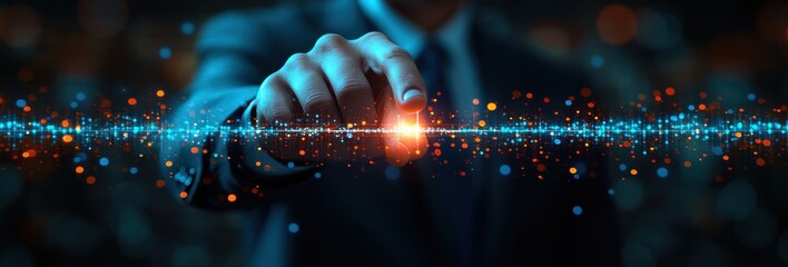 Digital Transformation: A hand reaches out from the darkness, a fingertip illuminating a bright, pulsating line of data.