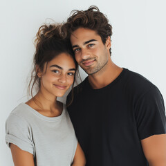 Obraz premium Smiling young couple posing together in casual clothing.