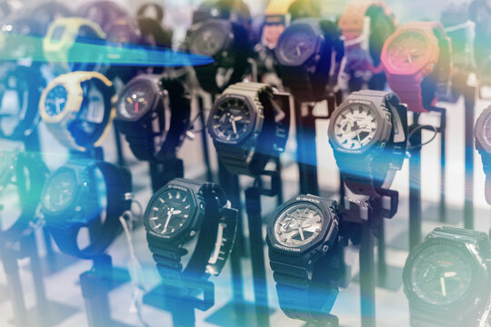 G-shock famous watches for sale on a showcase in the store.